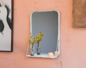 Shabby Chic Industrial Metal Wall Mirror with Floating Shelf | Distressed White Painted Metal Portrait Mirror