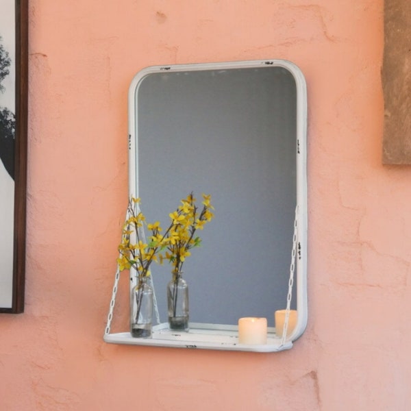 Shabby Chic Industrial Metal Wall Mirror with Floating Shelf | Distressed White Painted Metal Portrait Mirror