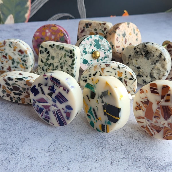 Mixed Collection of 14 Terrazzo White Resin & Stone Door Knob | Geometric Cupboard Drawer Pull Set