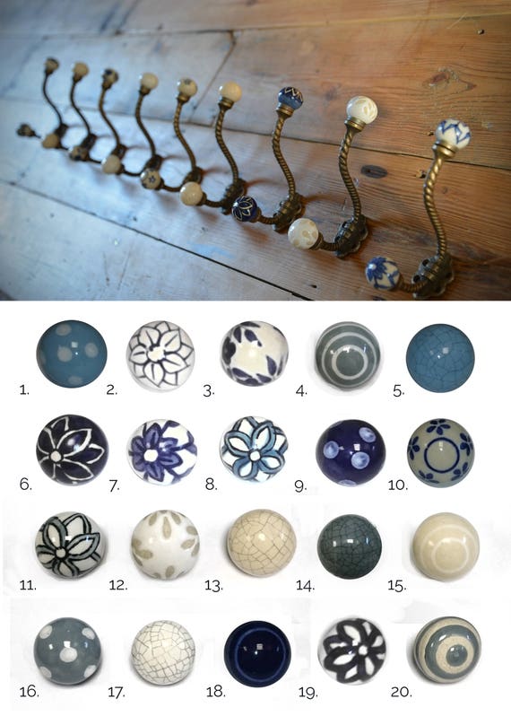 Black Floral 4 x Shabby Chic Ceramic Hook Wall Coat Hook Vintage Style