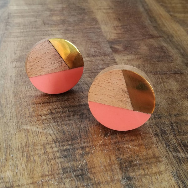 Gold and Peach Geometric Door Knob | Resin, Brass and Wood Cupboard Door Handle, Drawer Pull