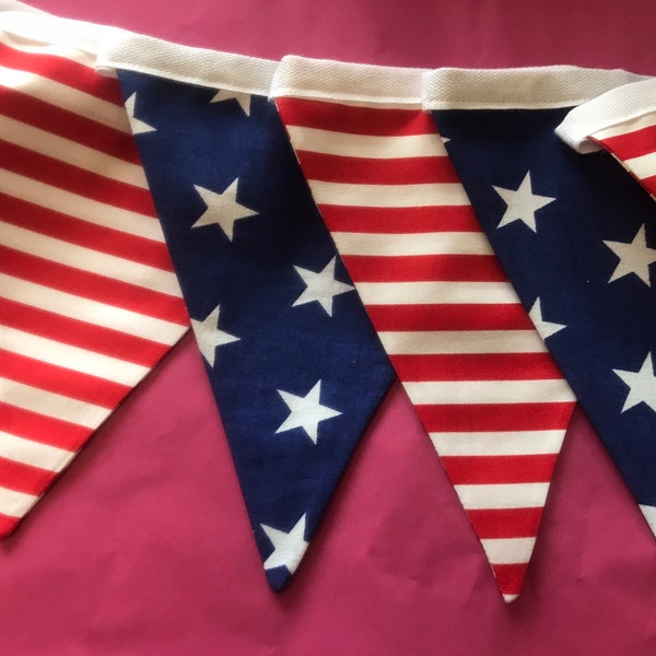 Beautiful Cotton Double Sided Bunting - Navy Blue Star and Red Stripe - 4th of July - Celebration - America USA