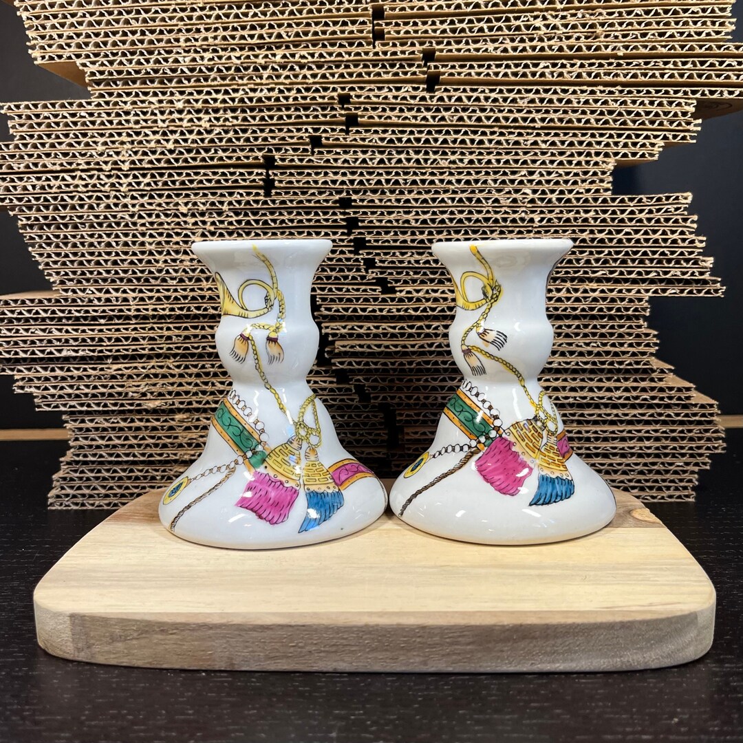 White Ceramic Candlestick Holders With Tassels and Chain Design Etsy