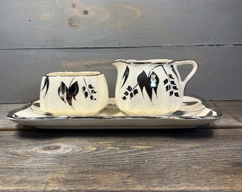 Vintage Sandland Ware Silver Luster Sugar Bowl and Creamer Set with Tray.