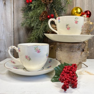Two Vintage Teacups & Saucers - Chintz Roses - Empire, England - 1950