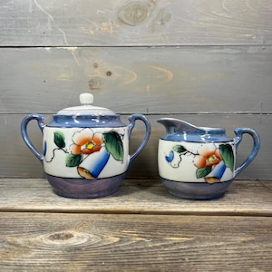 Vintage Japan Lusterware Sugar Bowl with Lid & Creamer | Floral Design