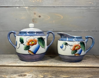 Vintage Japan Lusterware Sugar Bowl with Lid & Creamer | Floral Design