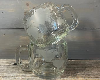 Vintage Nestle Glass World Globe Coffee Cups | Etched Clear Glass