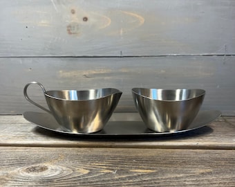 Vintage 18-8 Stainless Steel Sugar Bowl and Creamer with Tray