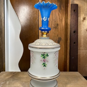 Vintage Ornate Frosted Glass Vanity Box, Apothecary Jar, Lidded Jar - Hand Painted