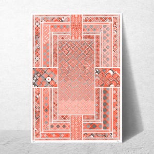 Peut inclure: Une impression d'art rectangulaire présentant un motif géométrique complexe dans des tons corail, blanc et gris foncé. Le design se compose d'un panneau central rempli de lignes en chevrons répétitives, entouré de bordures de carrés et cercles.