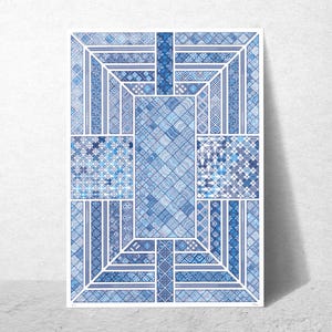 Peut inclure: Une impression d'art rectangulaire présentant un motif géométrique dans des tons de bleu et de blanc. L'œuvre d'art est composée de divers carrés et rectangles à motifs, créant une apparence de mosaïque. L'esthétique générale est moderne et abstraite.