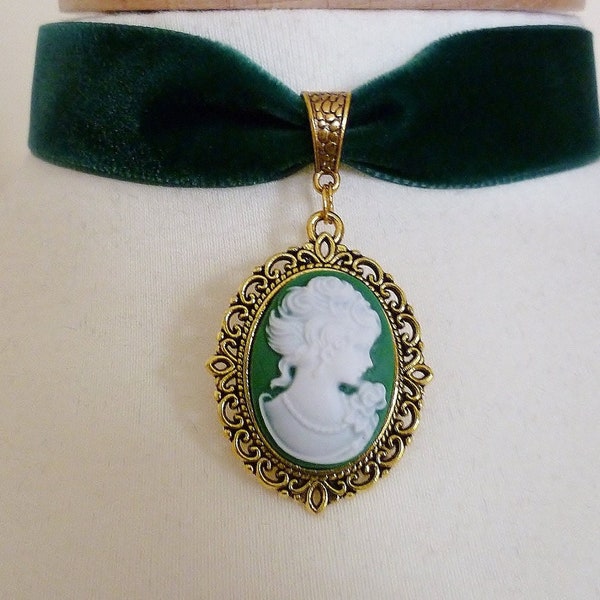 Victorian Lady Cameo Choker, Green, Black or White Velvet, Gold tone