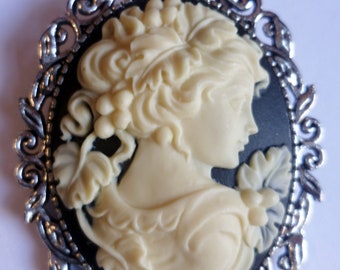 Victorian Lady Cameo Brooch, Medieval Pin, Black and Cream Cameo, Renaissance Pin