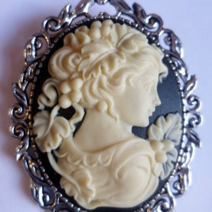 Victorian Lady Cameo Brooch, Medieval Pin, Black and Cream Cameo, Renaissance Pin