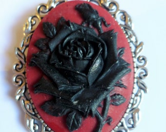 Red and black Rose Cameo Brooch, Victorian Brooch, Medieval Pin, Gothic Brooch, Wedding Brooch