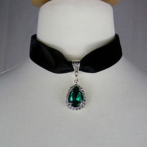 Rhinestone Choker, Green Teardrop Pendant, Pagan Necklace, Gothic choker, Black or green velvet