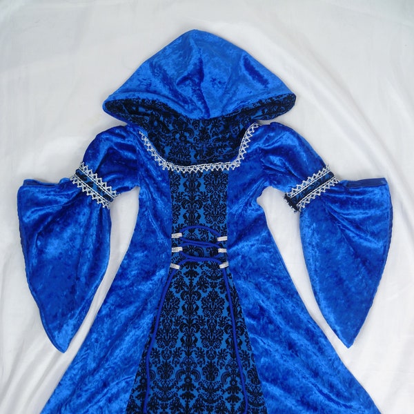 Girls Royal Blue Renaissance Dress, Medieval Dress with hood, Custom made from age 2 to 5 years