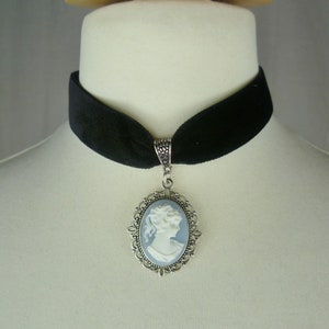 Blue and White Cameo Choker, Victorian Lady Cameo,  Black , Royal Blue or White Velvet chain or Tie