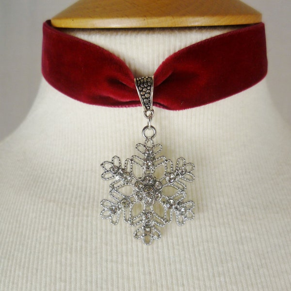 Rhinestone Snowflake Choker, Red, Black, Green or White Velvet Necklace, Christmas Choker