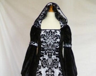 Medieval Wedding Dress in Black and White,  Renaissance Gown, Pagan Wedding, Custom made to Size