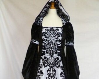 Medieval Wedding Dress in Black and White,  Renaissance Gown, Pagan Wedding, Custom made to Size