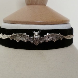 Black Velvet pewter bat Choker, Gothic Necklace, Halloween Choker,fantasy image 1