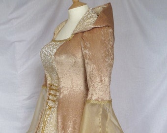 Puede incluir: Un vestido largo de terciopelo dorado y marfil con una superposición transparente y ribetes dorados. El vestido tiene un corpiño ajustado y una falda fluida.