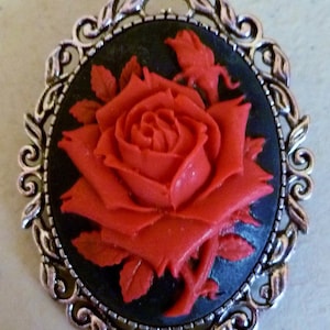 Red Rose Cameo Brooch: Victorian Gothic Pin