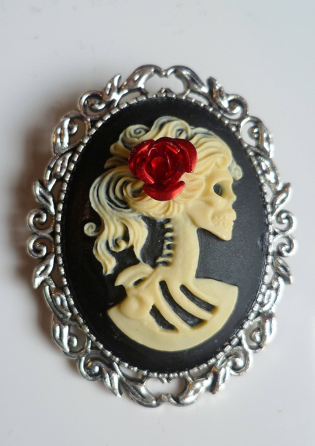 Skeleton Brooch With Red Rose, Halloween,day of the Dead Cameo Brooch ...