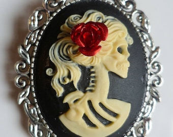 Skeleton brooch with Red Rose, Halloween,Day of the dead cameo brooch