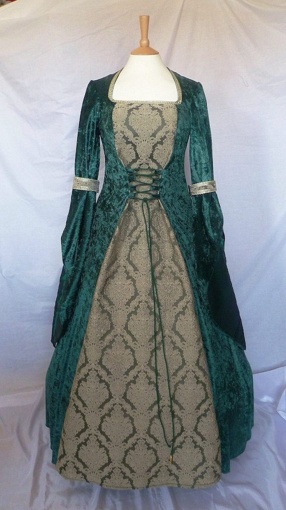 Medieval Wedding Dress, Green Renaissance Gown, Custom Made to size and plus sizes