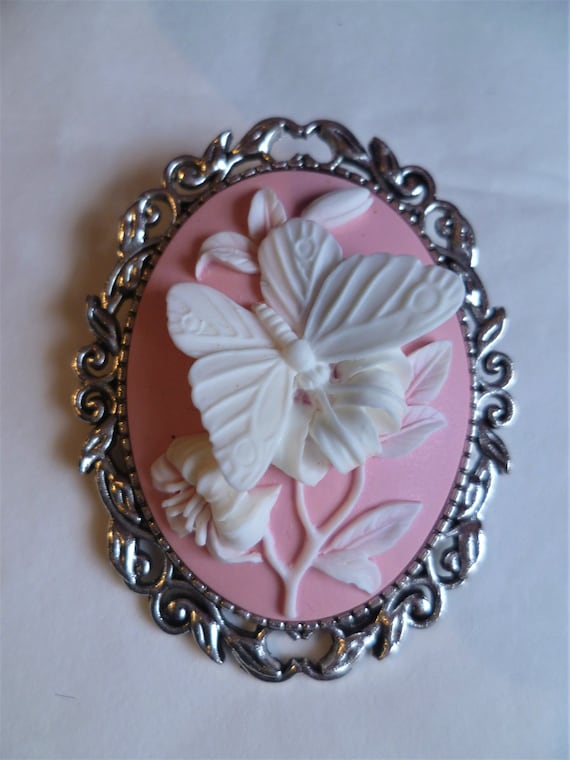 Pink and White Butterfly brooch,Cameo brooch