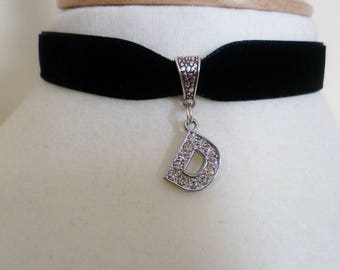 Black velvet D Choker Rhinestone Pendant Necklace