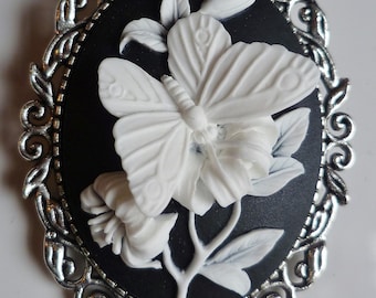 Black & White Butterfly Cameo Brooch: Medieval Style