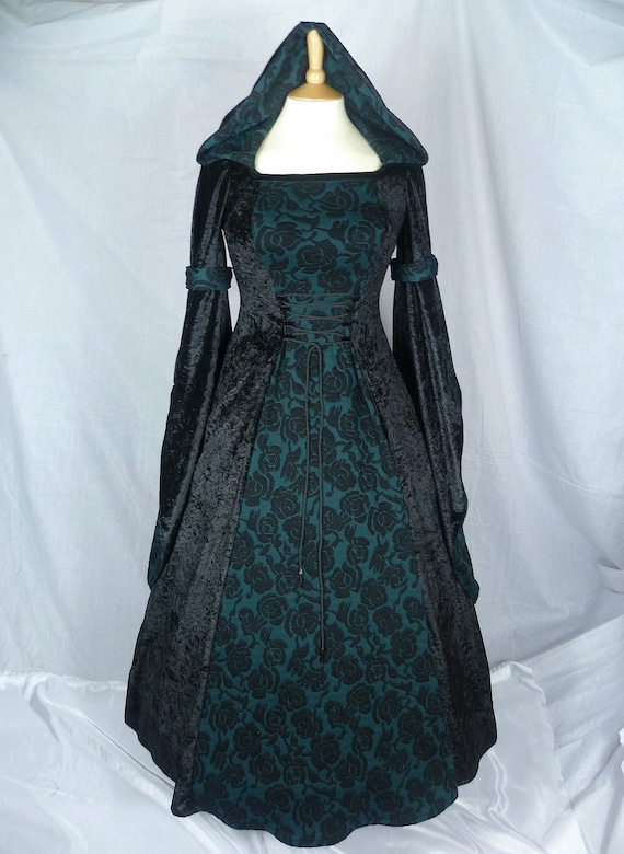 Medieval Dress in Black and Dark Green,Custom made to size and plus sizes