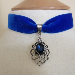 Royal Blue or Black Velvet Rhinestone teardrop choker, Medieval Wedding Choker, Ribbon Tie or Chain