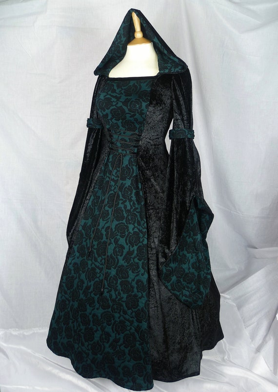 Medieval Dress in Black and Dark Green,Custom Made to Size and Plus Sizes