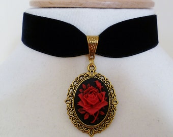 Gargantilla rosa roja, collar de gargantilla Rose Cameo, boda medieval, gargantilla renacentista, terciopelo negro o rojo