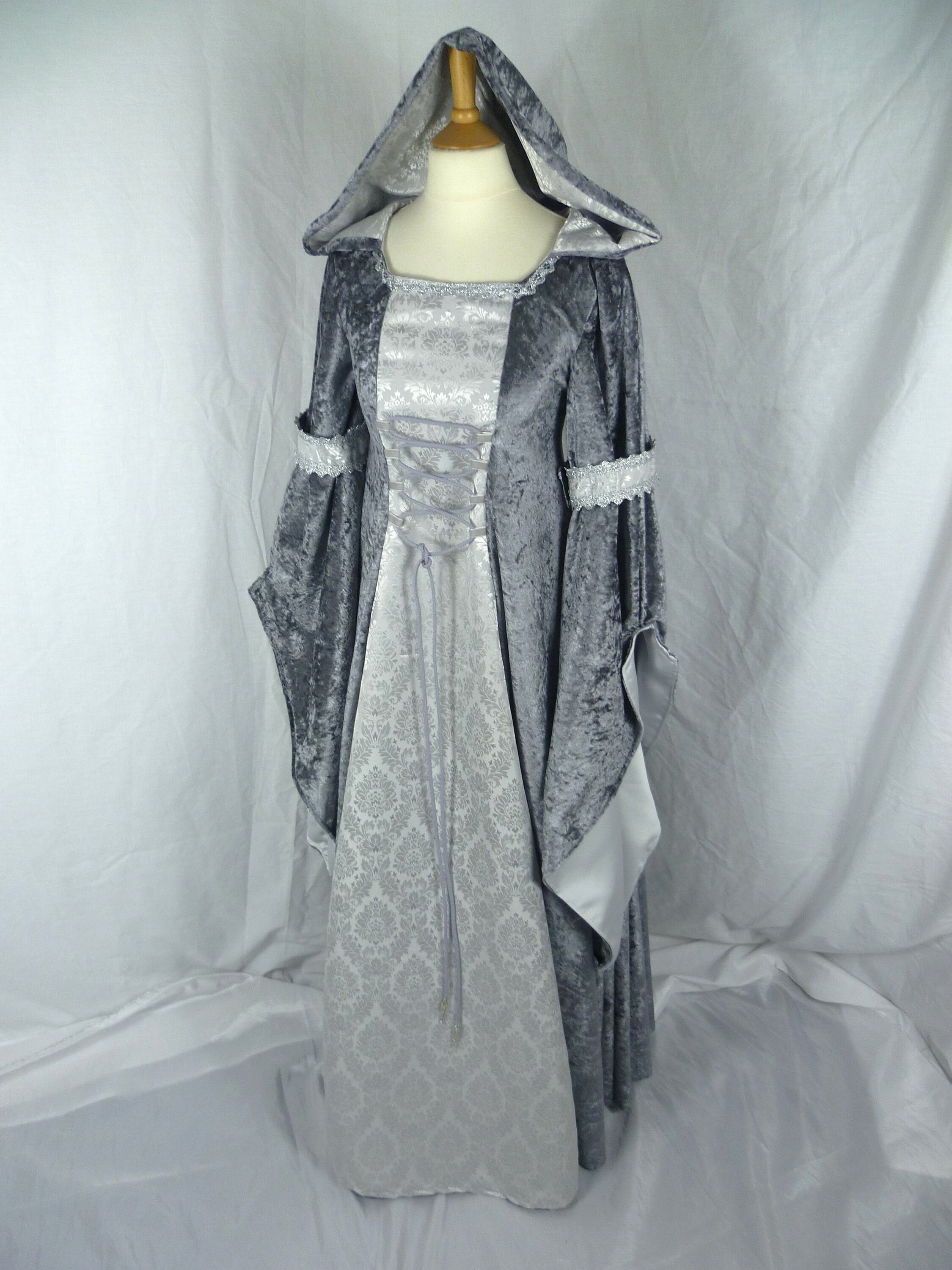 medieval grey dress Gray Medieval-Inspired Empire Waist Gown in Grey Velvet Long Sleeve Medieval Dress with Embroidered Trim Plus Size Size 6 / Without Shawl / Gray
