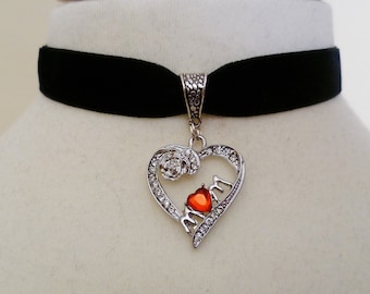 Black or Red velvet Mum Heart Choker, velvet choker, heart necklace,