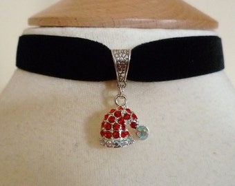 Black or Red Velvet Choker, Red Rhinestone Santa's Hat Choker ,Christmas necklace
