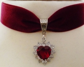 Red Heart Rhinestone Choker, Gothic choker, Red Velvet and Earrings Option