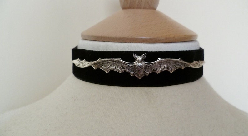 Black Velvet pewter bat Choker, Gothic Necklace, Halloween Choker,fantasy image 1