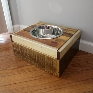 Dog bowl stand. Elevated Pet feeder. 6&quot; cat feeder. Natural wood, reclaimed wood, dish included, feeding station. Short breed, outdoor
