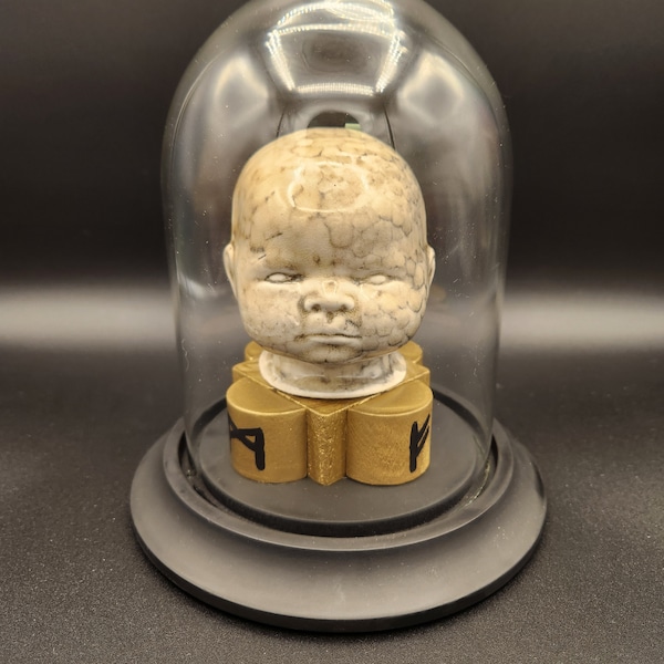 Baby Head in Jar - severed head - rune - shrunken head - cloche jar - curious creature - creep show - ritual alter piece