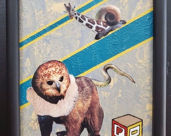 Original Animal painting - "Play Time" - Creepy Creatures - paper cutout - mixed media - bizarre art - oddity - magical wall art - surreal