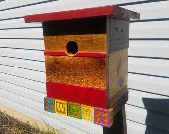 Wooden Birdhouse - Reclaimed wood  - Indoor/Outdoor - Rustic garden feature - red - finch / chickadee house - Toy blocks - tweet