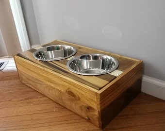 Double Dish elevated dog/cat bowl stand. Elevated Pet feeder. 6" Natural wood, reclaimed wood, dishes included, feeding station. Short breed