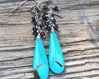 Turquoise Earrings, Gemstone Drop Earrings, Gemstone Fringe Earrings, Smoky Quartz Earrings, Long Earrings, Statement Earrings, Sterling Gem